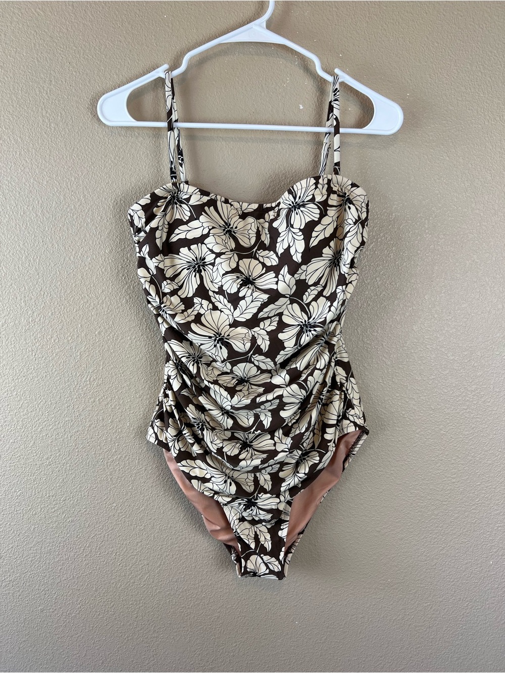 J.Crew Ruched bandeau one-piece swimsuit in floral brown - Picture 2 of 12